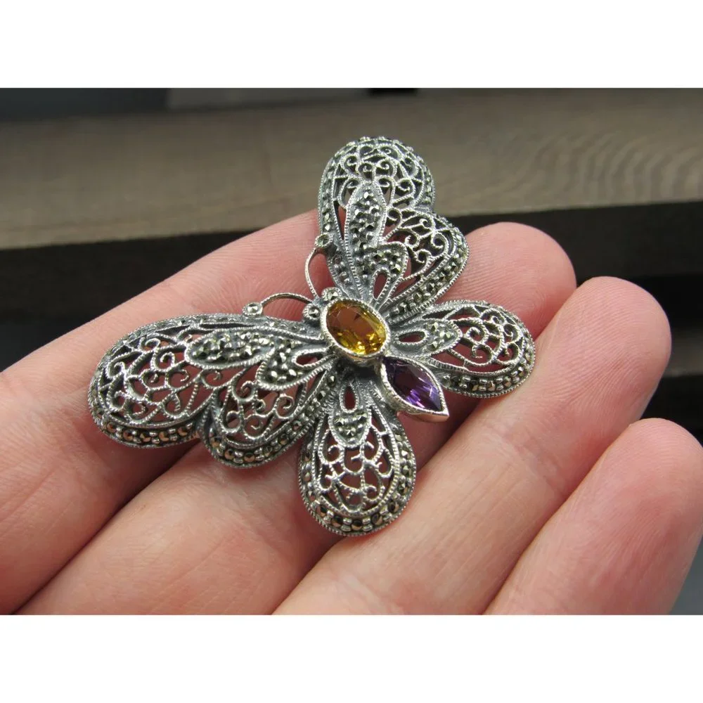 Sterling Silver Citrine Amethyst Marcasite Butterfly Pin Brooch - Picture 3 of 7